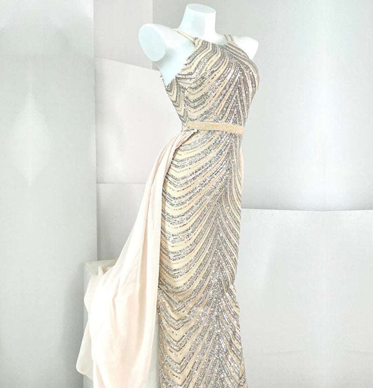 Women's Elegant Long Sequin Dress with Detachable Fishtail Scarf - ChoreGirl