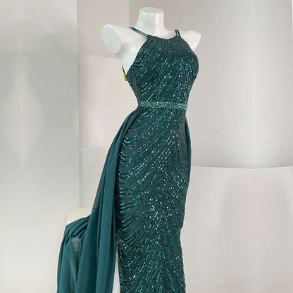 Women's Elegant Long Sequin Dress with Detachable Fishtail Scarf - ChoreGirl