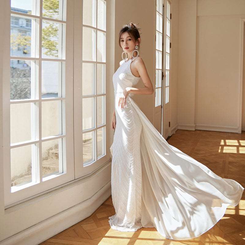 Women's Elegant Long Sequin Dress with Detachable Fishtail Scarf - ChoreGirl