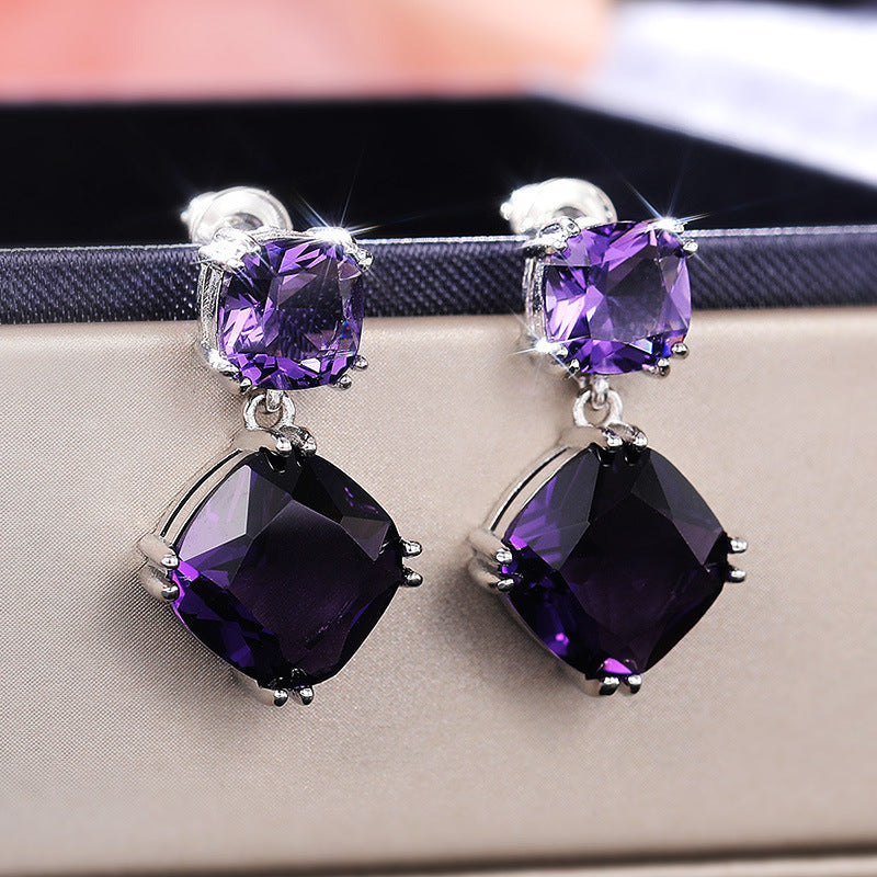 Women's Elegant Mysterious Purple Square Zircon Earrings - ChoreGirl