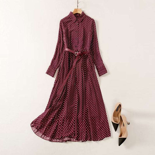 Women's Elegant Pleated Wine Red Polka Dots Retro Dress - ChoreGirl