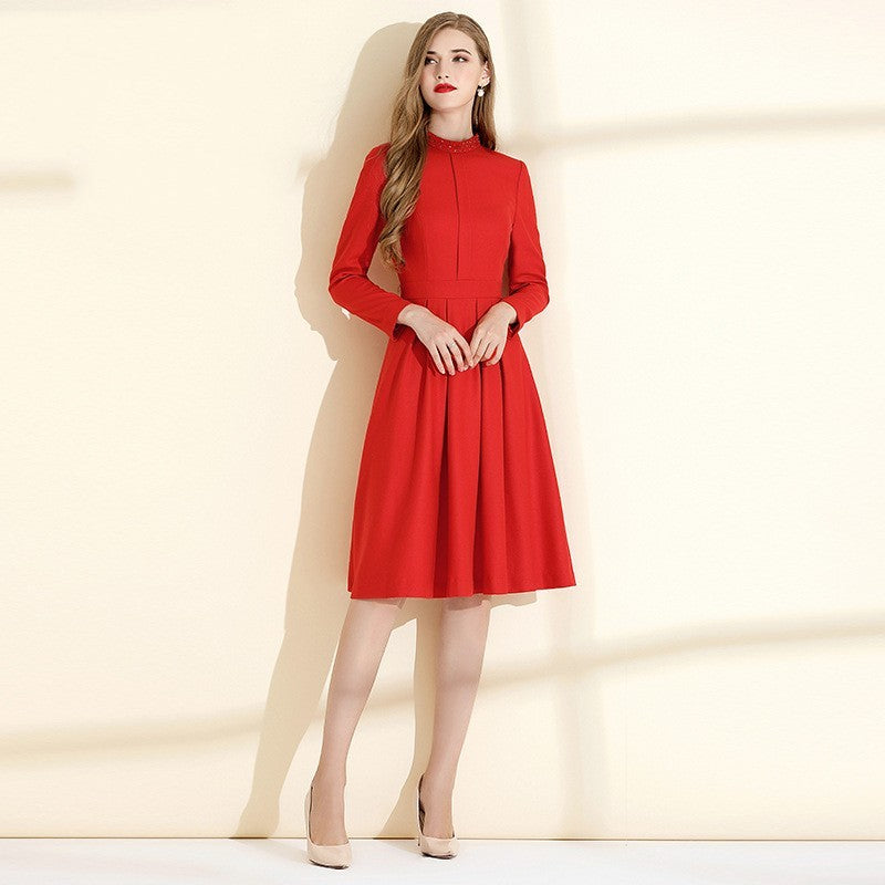 Women's Elegant Red Wool Dress - ChoreGirl