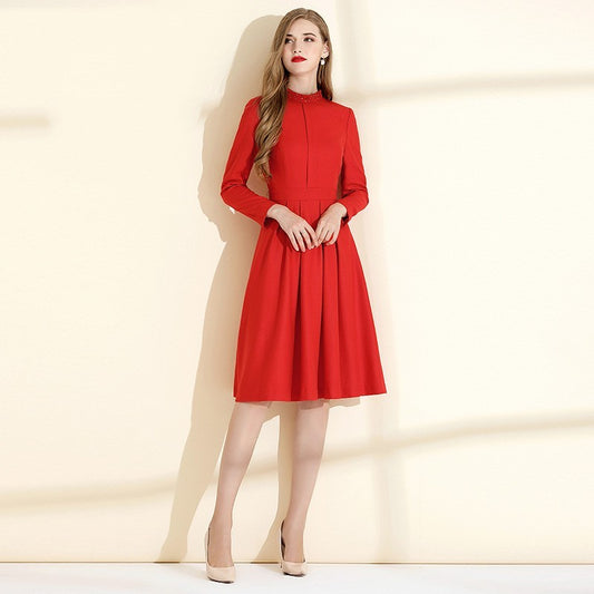 Women's Elegant Red Wool Dress - ChoreGirl