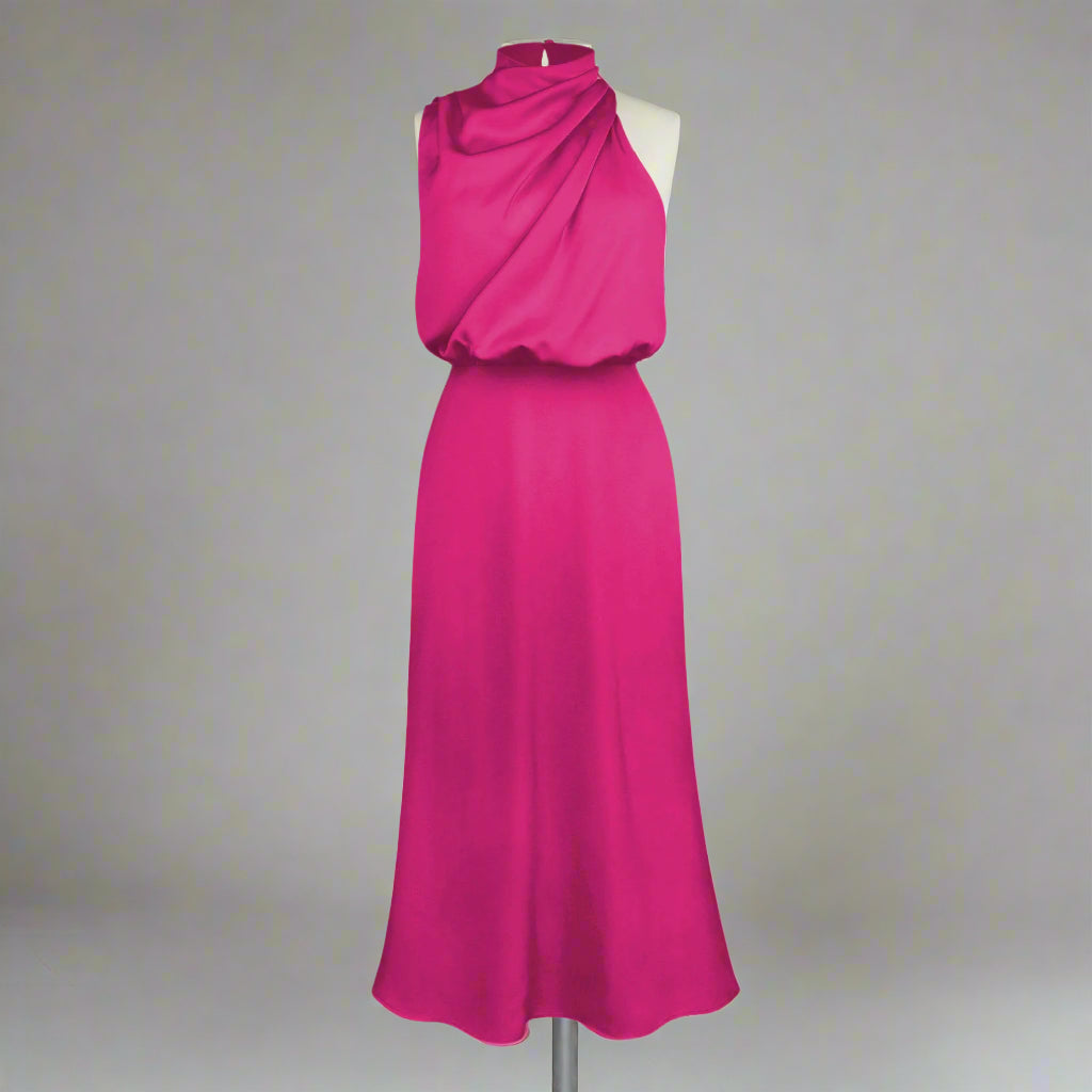 Women's Elegant Satin Sleeveless Halter Neck Midi Dress - ChoreGirl