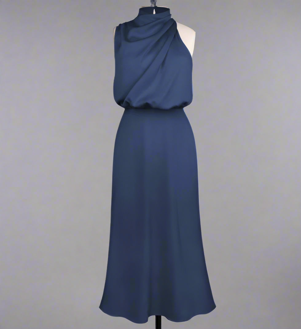 Women's Elegant Satin Sleeveless Halter Neck Midi Dress - ChoreGirl