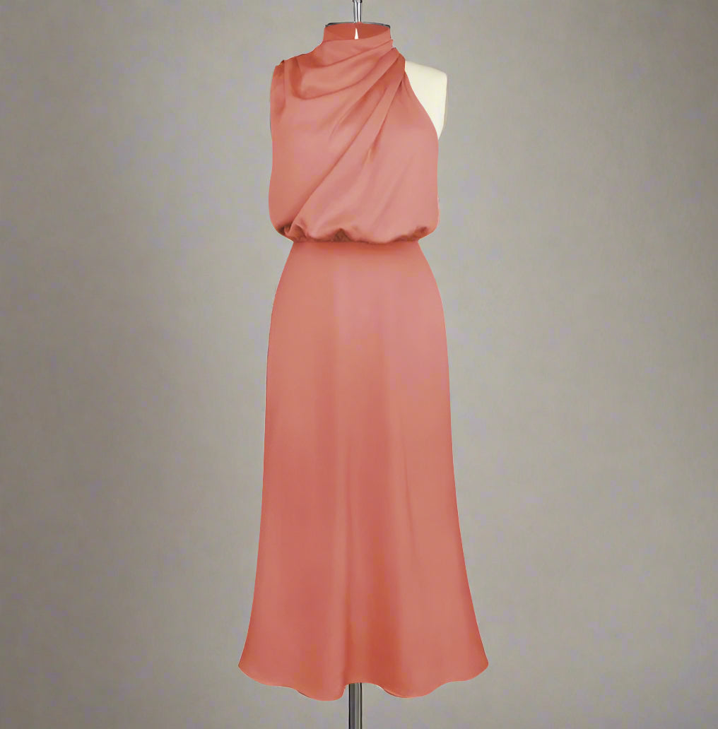 Women's Elegant Satin Sleeveless Halter Neck Midi Dress - ChoreGirl