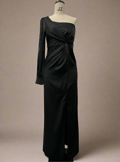 Women's Elegant Satin Slim One-shoulder Long Sleeved Split Maxi Dress - ChoreGirl