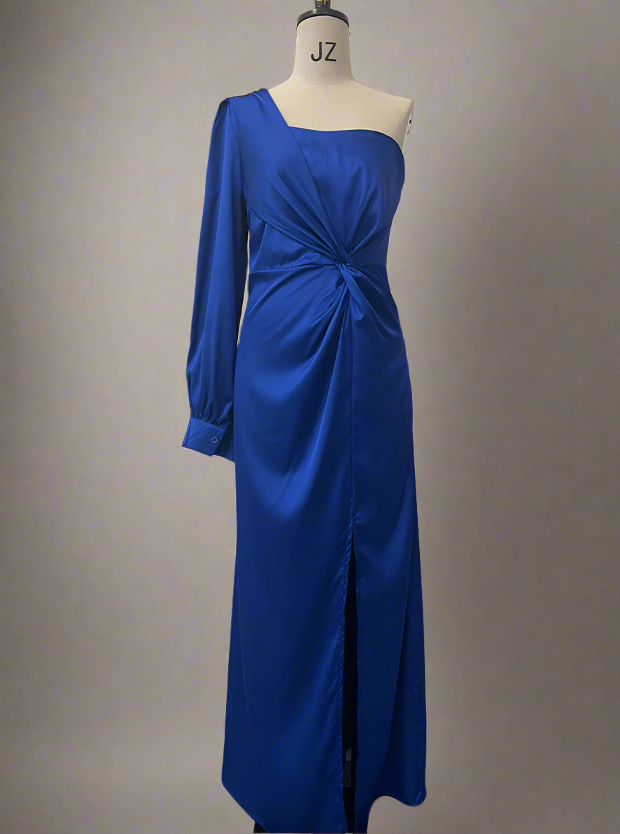 Women's Elegant Satin Slim One-shoulder Long Sleeved Split Maxi Dress - ChoreGirl