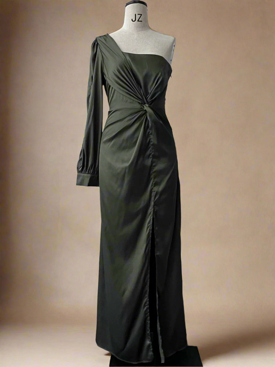 Women's Elegant Satin Slim One-shoulder Long Sleeved Split Maxi Dress - ChoreGirl
