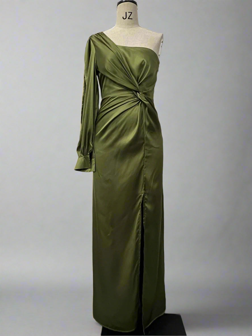 Women's Elegant Satin Slim One-shoulder Long Sleeved Split Maxi Dress - ChoreGirl
