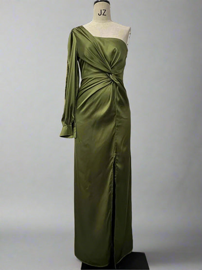 Women's Elegant Satin Slim One-shoulder Long Sleeved Split Maxi Dress - ChoreGirl