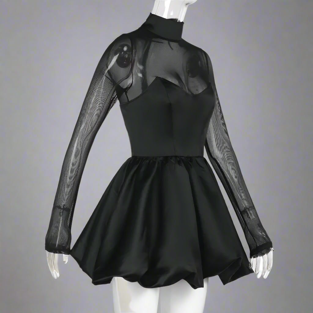 Women's Elegant Slim Fit Mesh Sleeves and Bubble Hem Sexy Dress - ChoreGirl