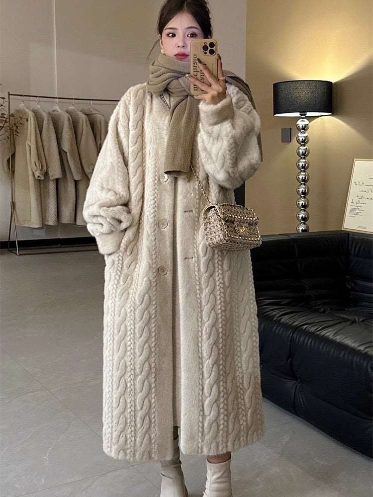 Women's Elegant Twist Knit Faux Fur Coat - ChoreGirl