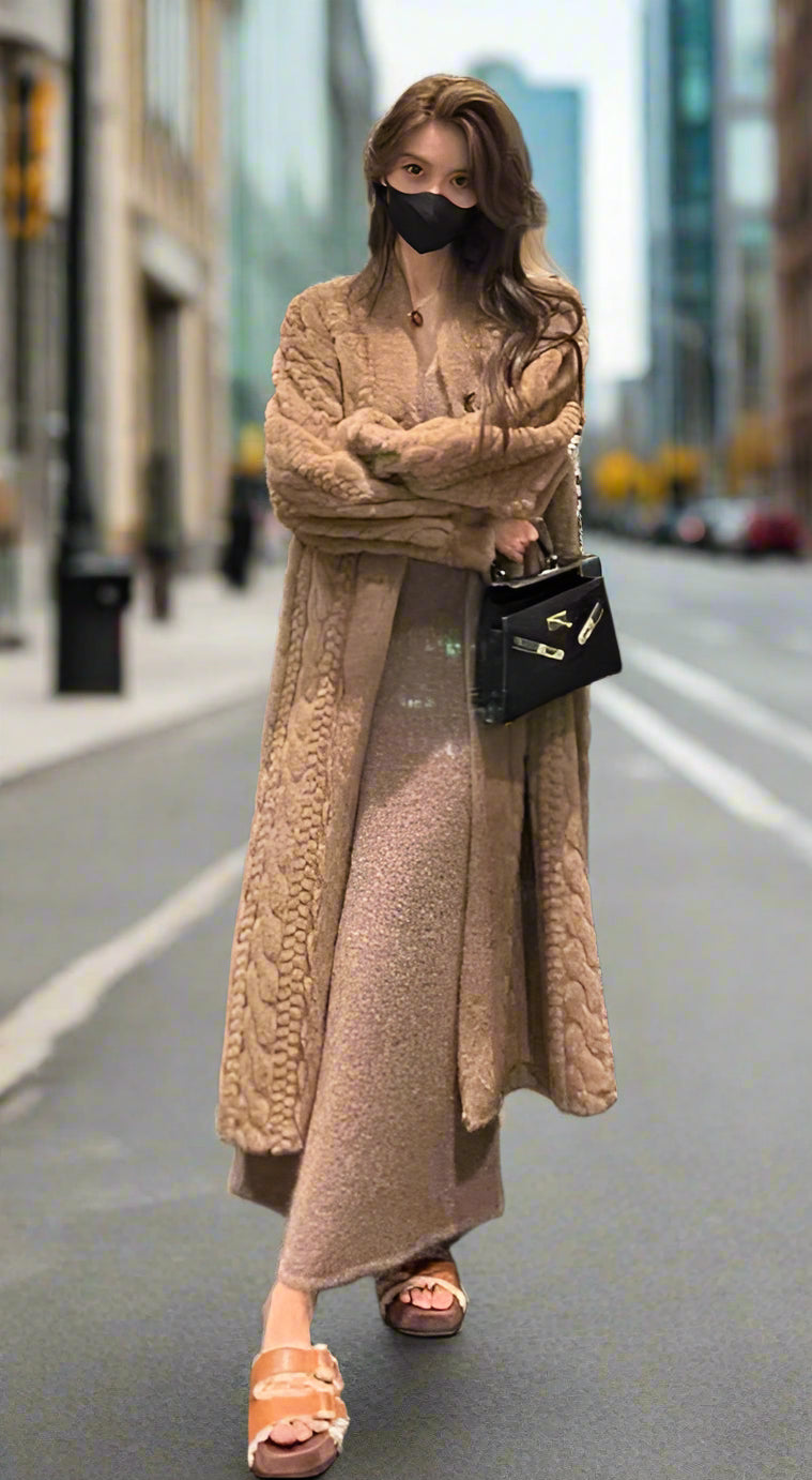 Women's Elegant Twist Knit Faux Fur Coat - ChoreGirl