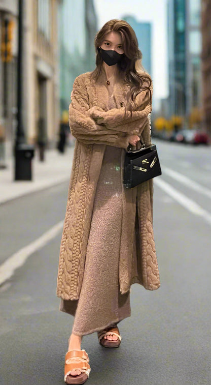 Women's Elegant Twist Knit Faux Fur Coat - ChoreGirl