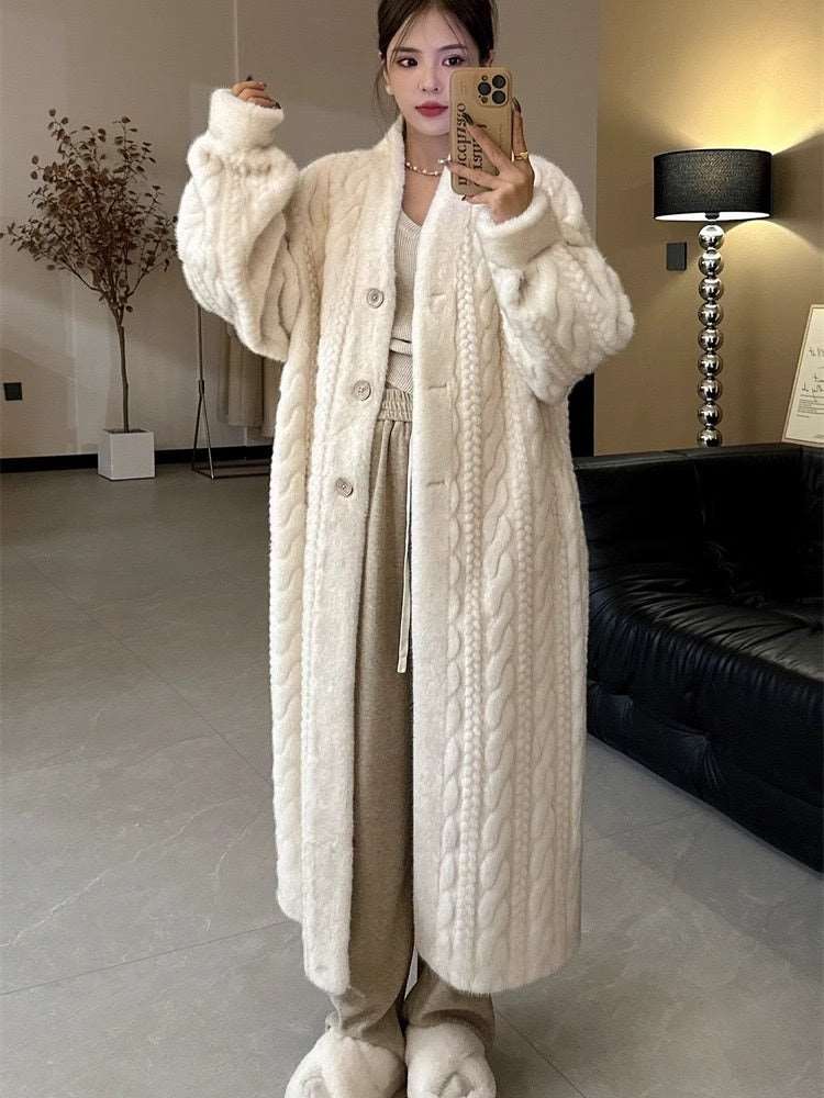 Women's Elegant Twist Knit Faux Fur Coat - ChoreGirl