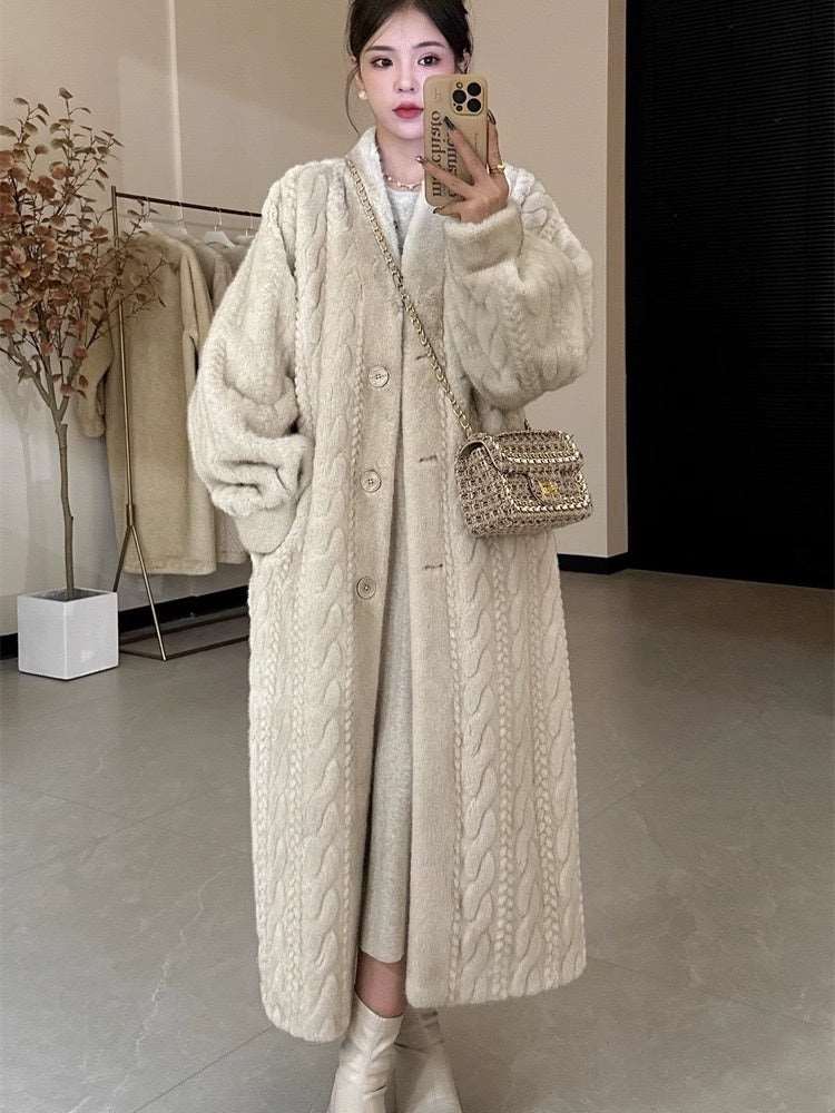 Women's Elegant Twist Knit Faux Fur Coat - ChoreGirl