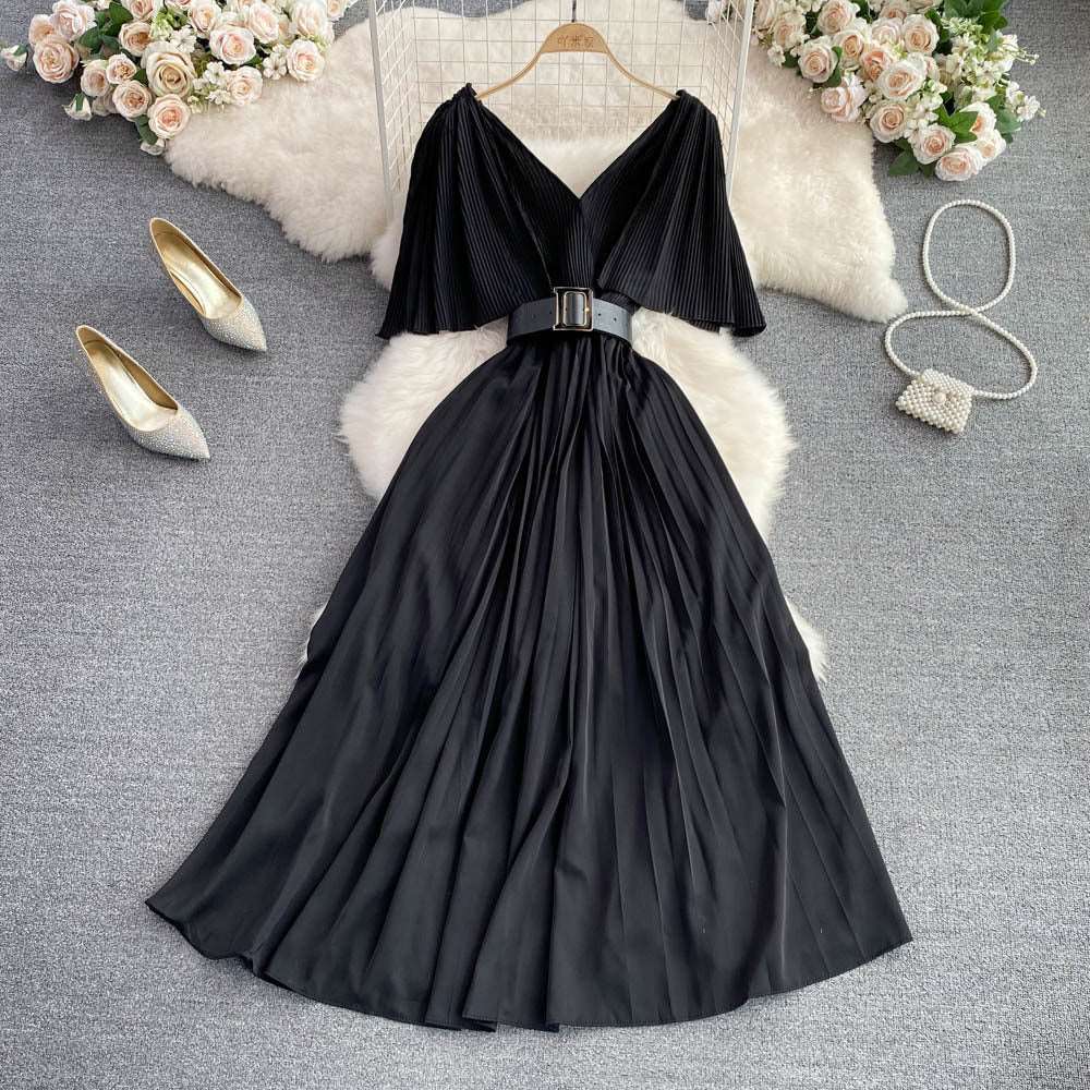 Women's Elegant V-neck Pleated A-line Swing Dress - ChoreGirl