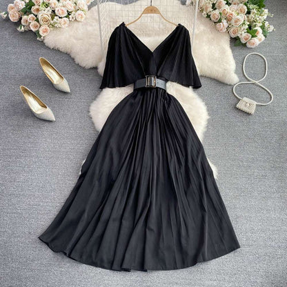 Women's Elegant V-neck Pleated A-line Swing Dress - ChoreGirl