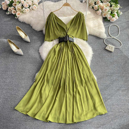 Women's Elegant V-neck Pleated A-line Swing Dress - ChoreGirl