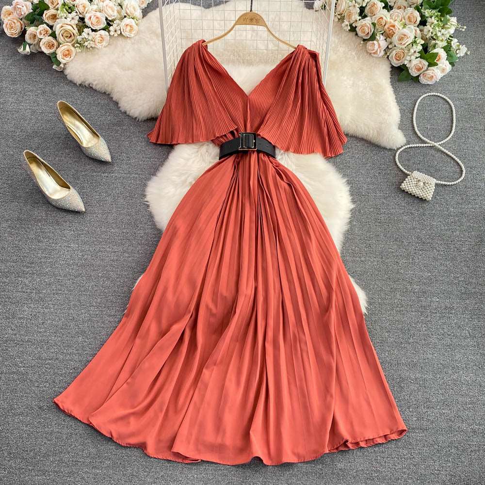 Women's Elegant V-neck Pleated A-line Swing Dress - ChoreGirl