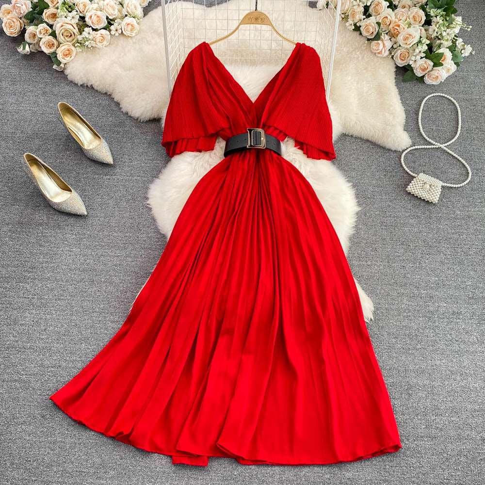 Women's Elegant V-neck Pleated A-line Swing Dress - ChoreGirl
