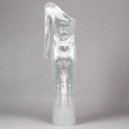 Women's Floral Asymmetrical Silver Sequin Gown - ChoreGirl