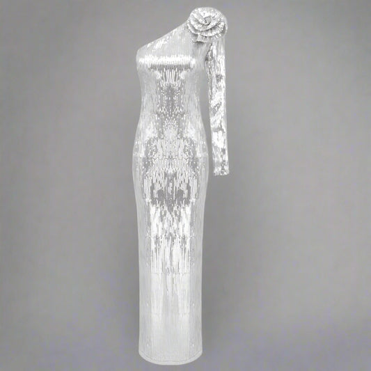 Women's Floral Asymmetrical Silver Sequin Gown - ChoreGirl