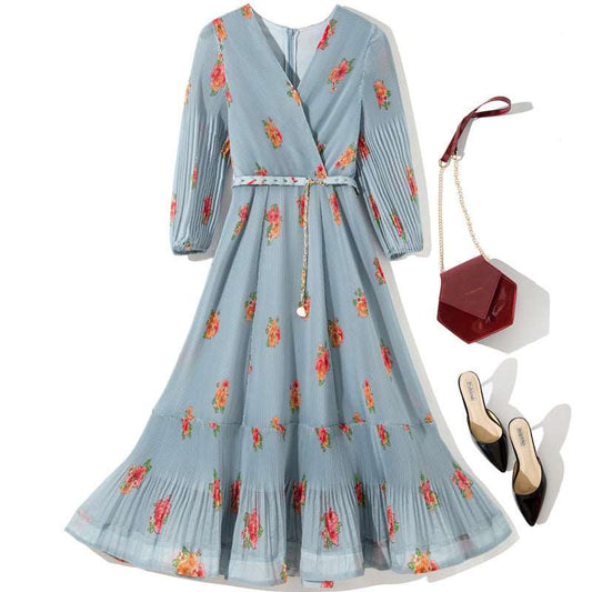 Women's Floral Pattern Pleated Dress With Belt - ChoreGirl