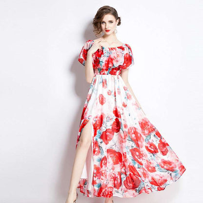 Women's Floral Print Split Chiffon Dress - ChoreGirl