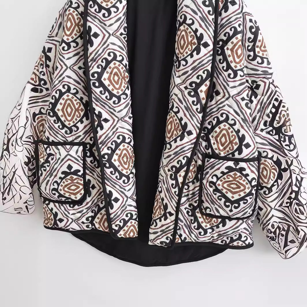 Women's Floral Print Vintage Cotton Padded Cropped Cardigan - ChoreGirl