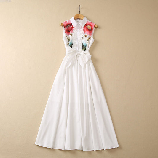 Women's Flower Print Lapel Collar Sleeveless Dress with Pockets - ChoreGirl