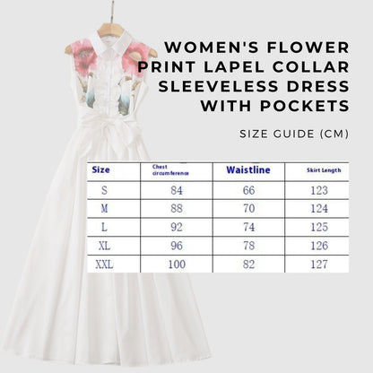 Women's Flower Print Lapel Collar Sleeveless Dress with Pockets - ChoreGirl