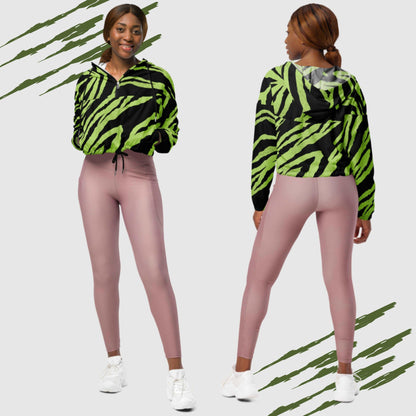Custom Women’s Green Tiger Pattern Cropped Windbreaker Jacket | PERSONALIZED - ChoreGirl
