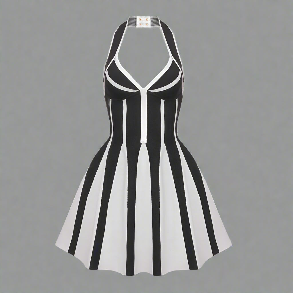 Women's Halter A-line Contrast color Black And White Short Dress - ChoreGirl