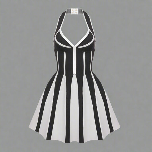 Women's Halter A-line Contrast color Black And White Short Dress - ChoreGirl