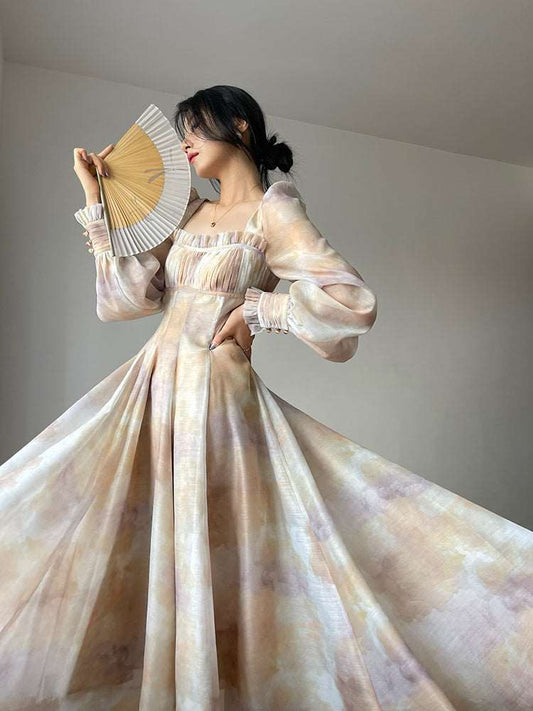 Women's High Quality Elegant Square Neck Vintage Dress - ChoreGirl