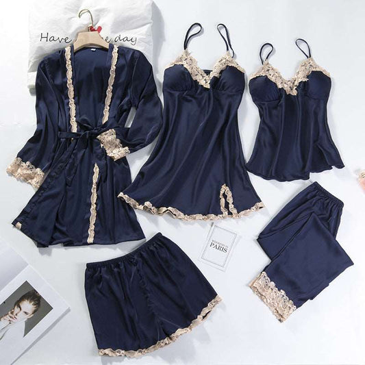 Women's Ice Silk Five Piece Pajamas Set - ChoreGirl