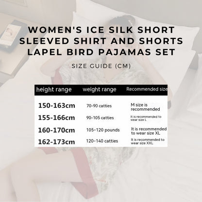 Women's Ice Silk Short Sleeved Shirt and Shorts Lapel Bird Pajamas Set - ChoreGirl