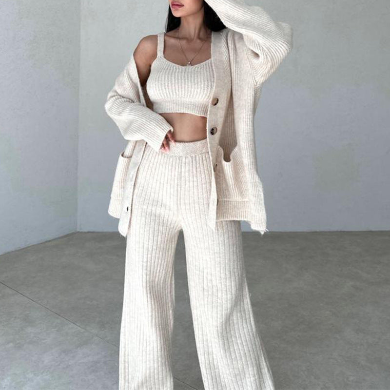 Women's Knit Pattern Sweater, Cardigan Vest and Pants Three Piece Outfit Set - ChoreGirl