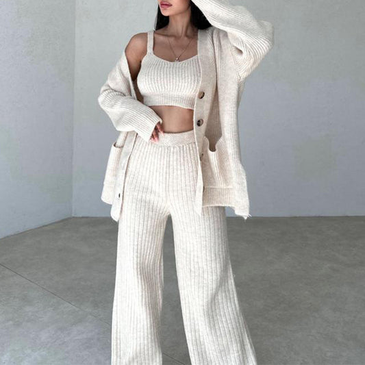Women's Knit Pattern Sweater, Cardigan Vest and Pants Three Piece Outfit Set - ChoreGirl