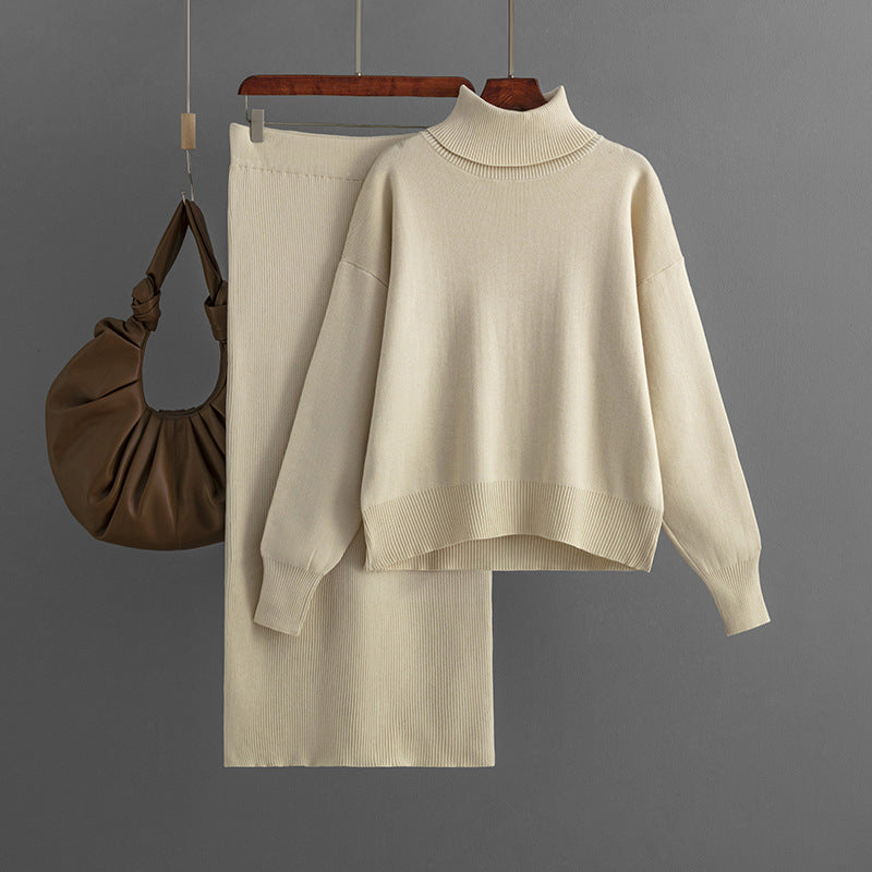 Women's Knit Turtleneck Sweater and Skirt Two-piece Outfit Set - ChoreGirl