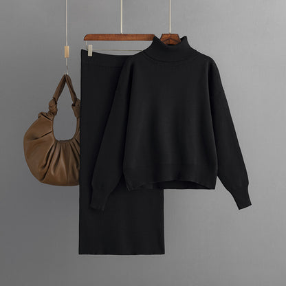 Women's Knit Turtleneck Sweater and Skirt Two-piece Outfit Set - ChoreGirl