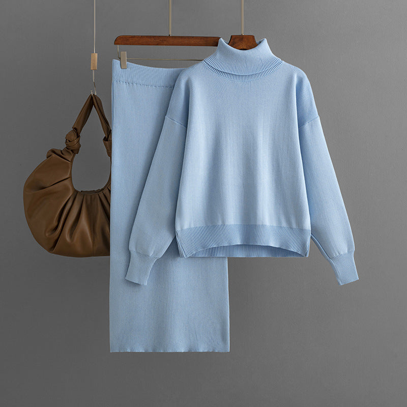 Women's Knit Turtleneck Sweater and Skirt Two-piece Outfit Set - ChoreGirl
