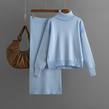Women's Knit Turtleneck Sweater and Skirt Two-piece Outfit Set - ChoreGirl
