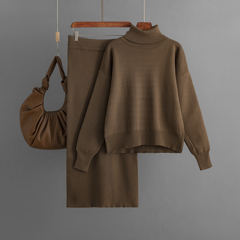 Women's Knit Turtleneck Sweater and Skirt Two-piece Outfit Set - ChoreGirl