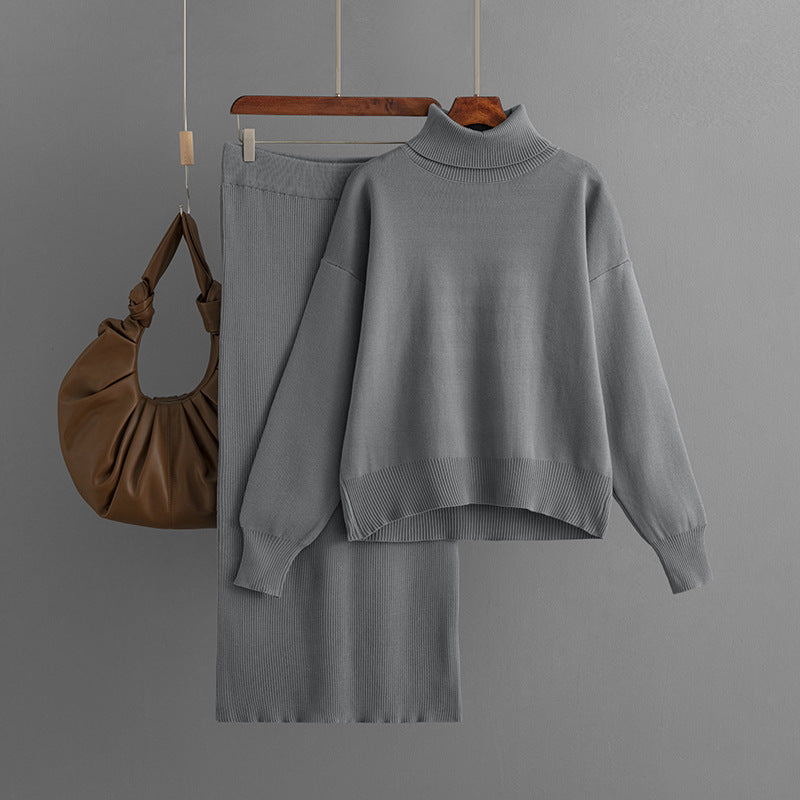 Women's Knit Turtleneck Sweater and Skirt Two-piece Outfit Set - ChoreGirl