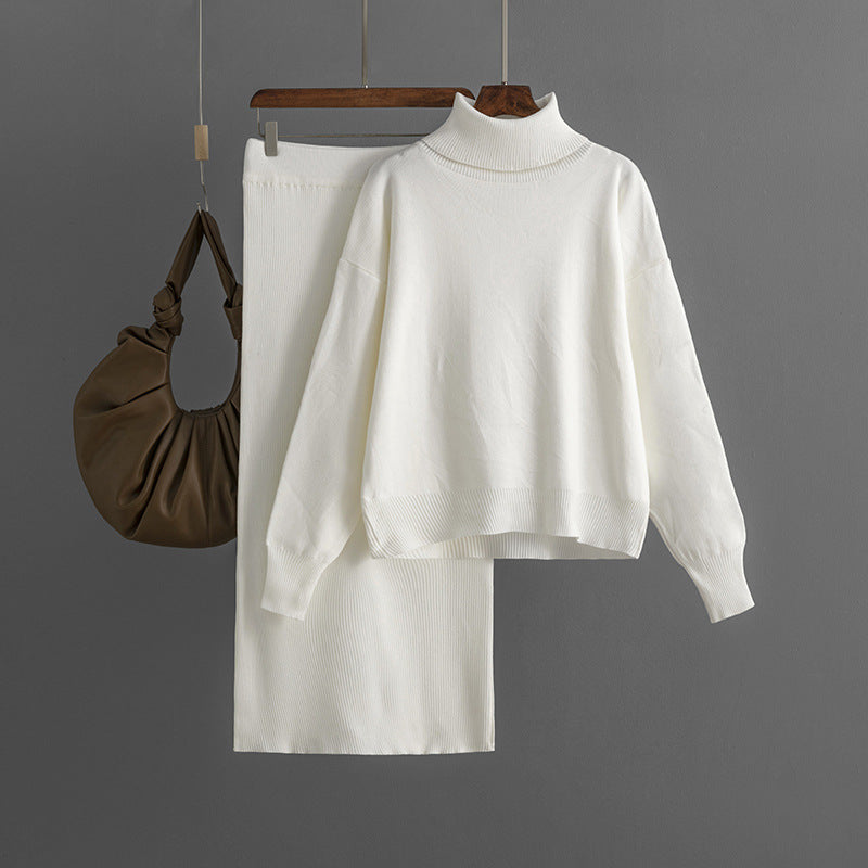 Women's Knit Turtleneck Sweater and Skirt Two-piece Outfit Set - ChoreGirl