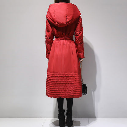 Women's Long Hooded Down Coat with Belt - ChoreGirl
