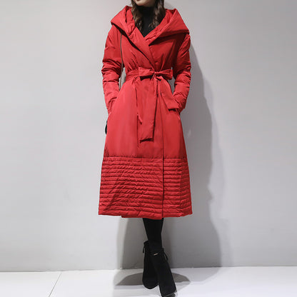 Women's Long Hooded Down Coat with Belt - ChoreGirl